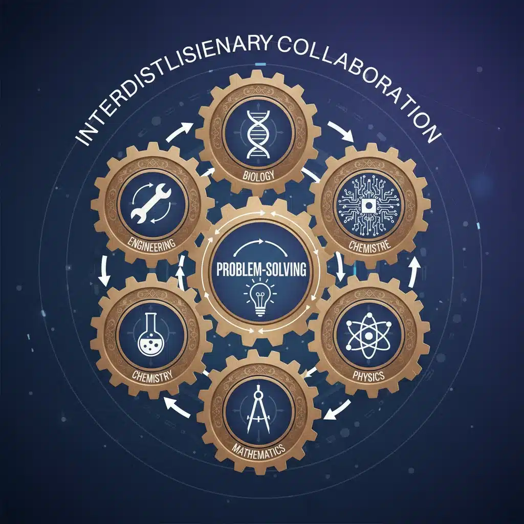 Interconnected gears representing interdisciplinary STEM education.