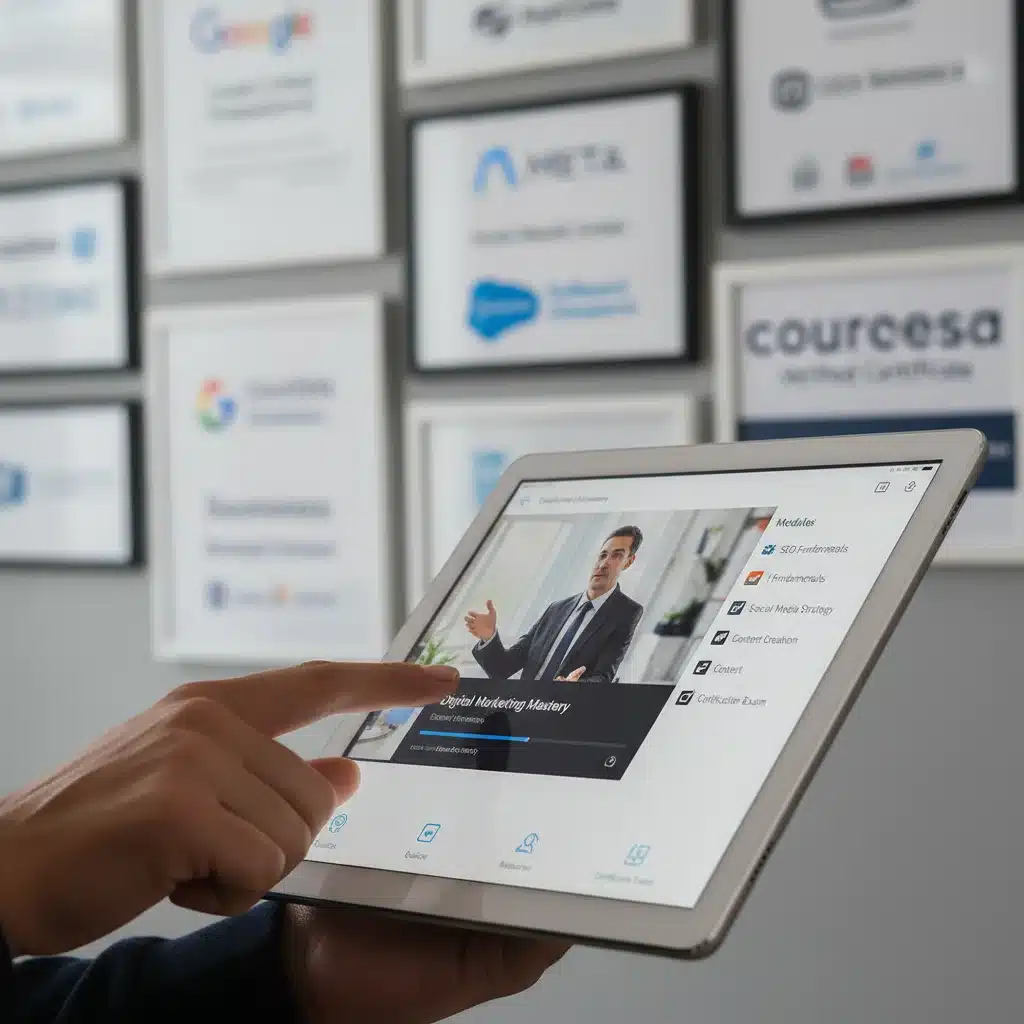 Hand holding a tablet showing an online course interface with certification logos, symbolizing digital learning.