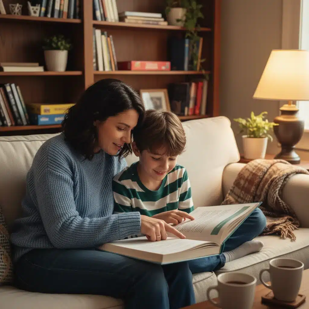 Parent and child reading aloud together on a sofa, demonstrating shared reading.