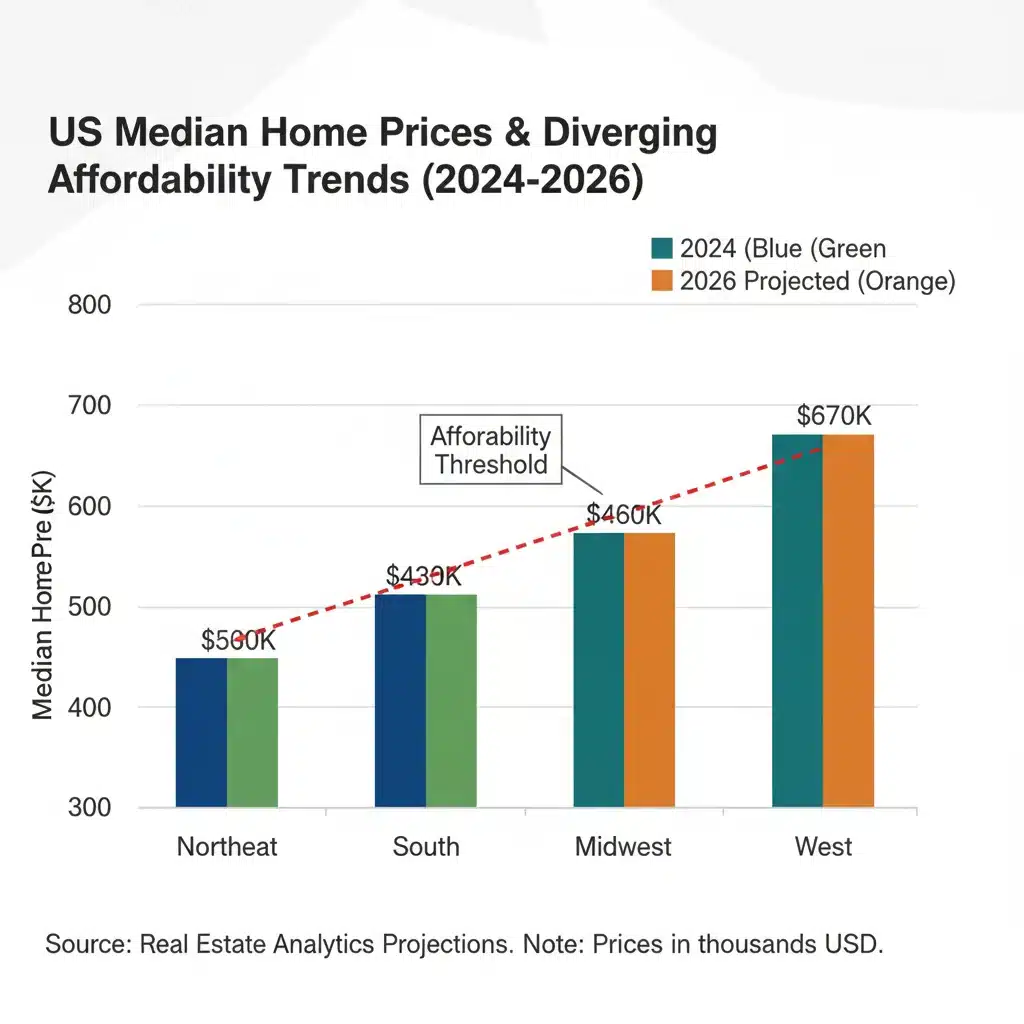 Regional median home price projections across the US for 2026.