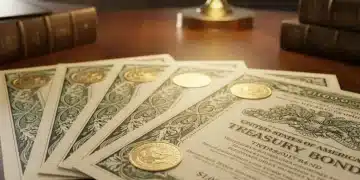 Close-up of US Treasury bond certificates on a wooden table, symbolizing secure investments.