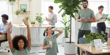 Employees participating in 2026 workplace wellness program activities, looking healthy and engaged.