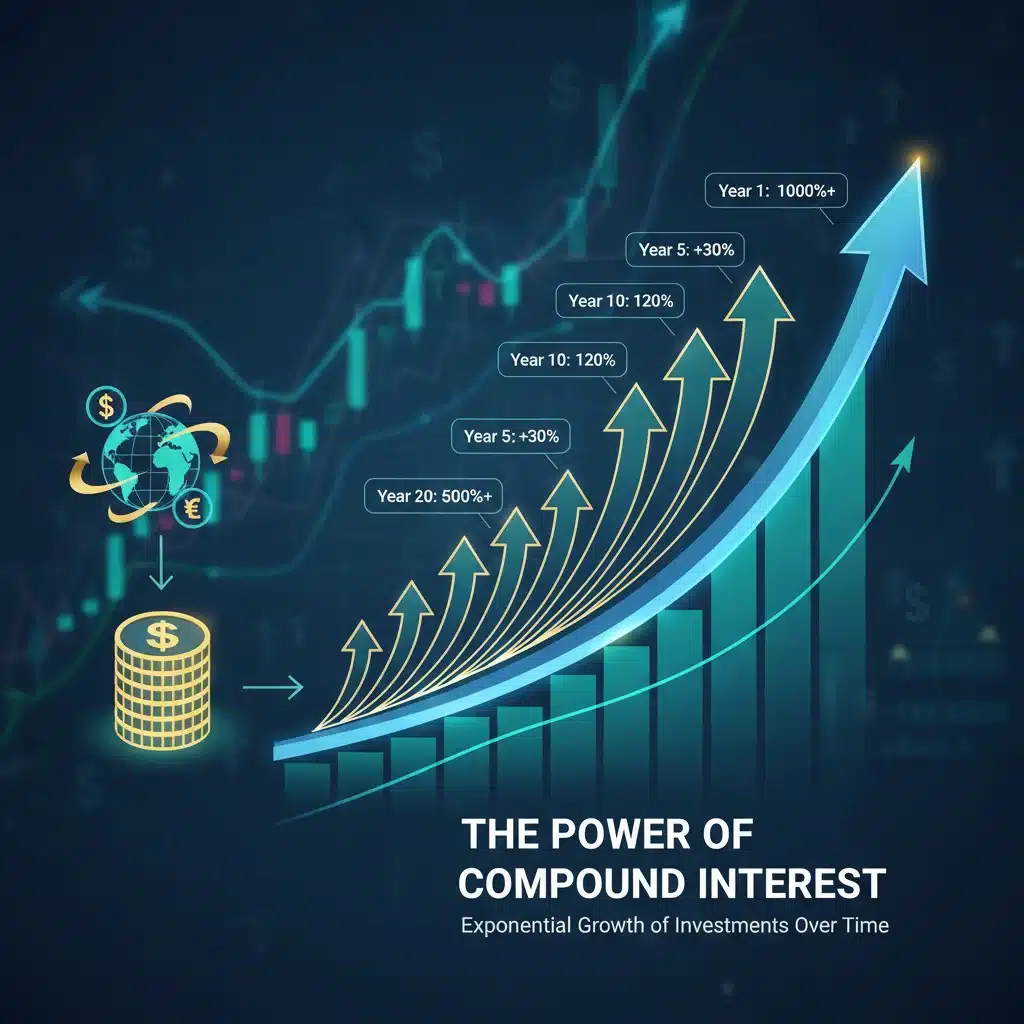 Infographic showing the power of compound interest and investment growth.