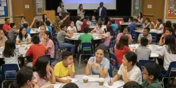 Parents and students discussing new education policies in 2026 meeting