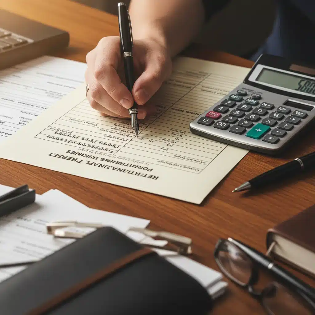 Hand filling out a financial planning form with a calculator and pen.