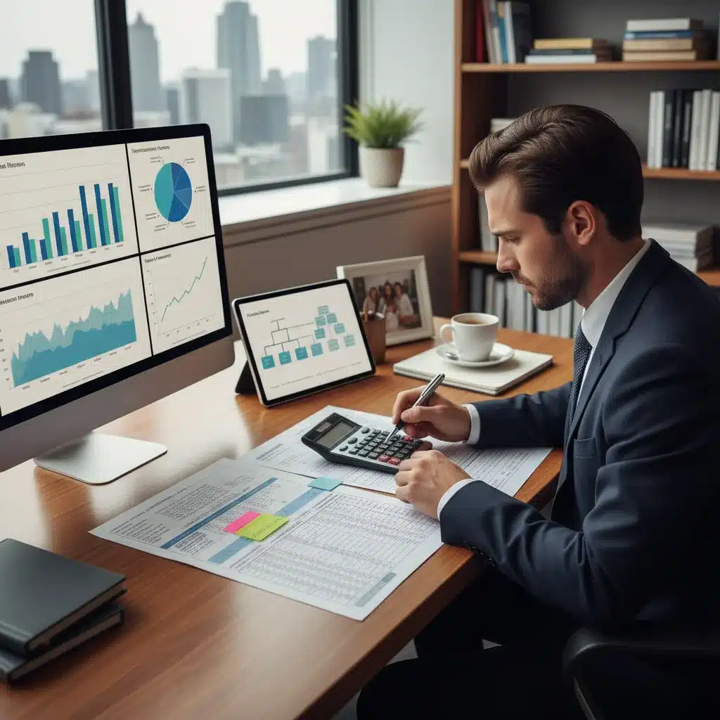 Person analyzing life insurance policy documents and financial projections