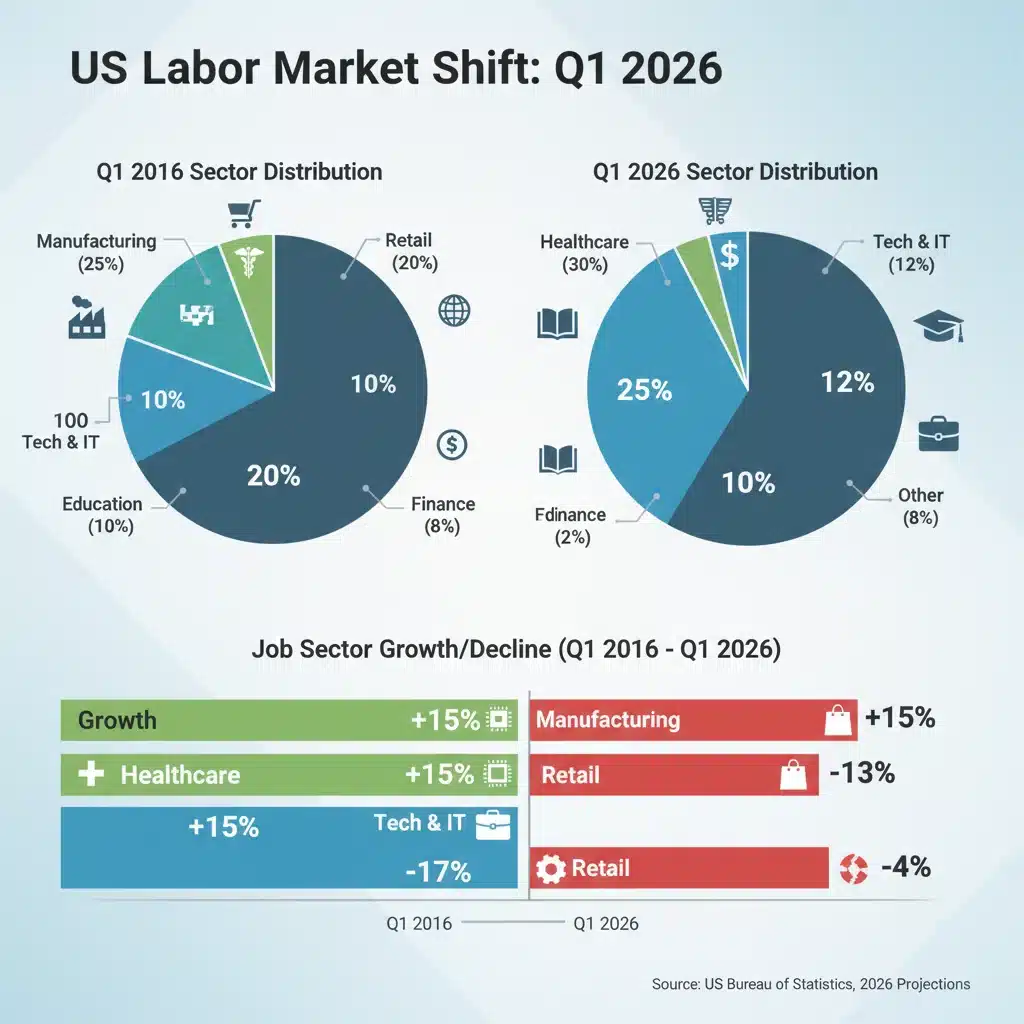 Infographic detailing job sector growth and decline in the US labor market, Q1 2026