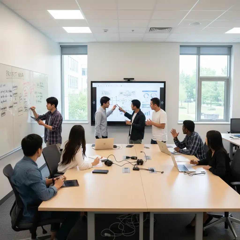 Students collaborating in a modern in-person university classroom setting