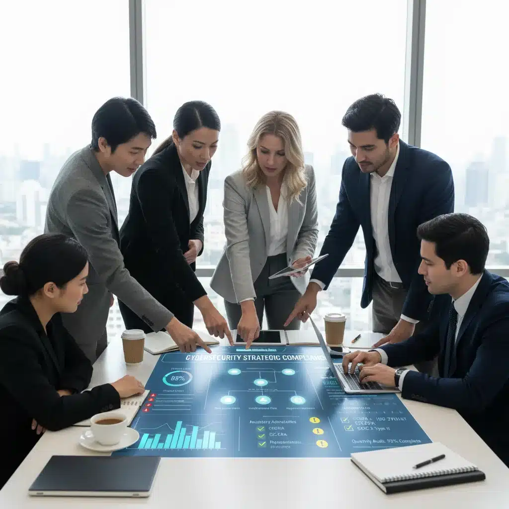 Business team collaborating on cybersecurity compliance strategy and risk assessment.