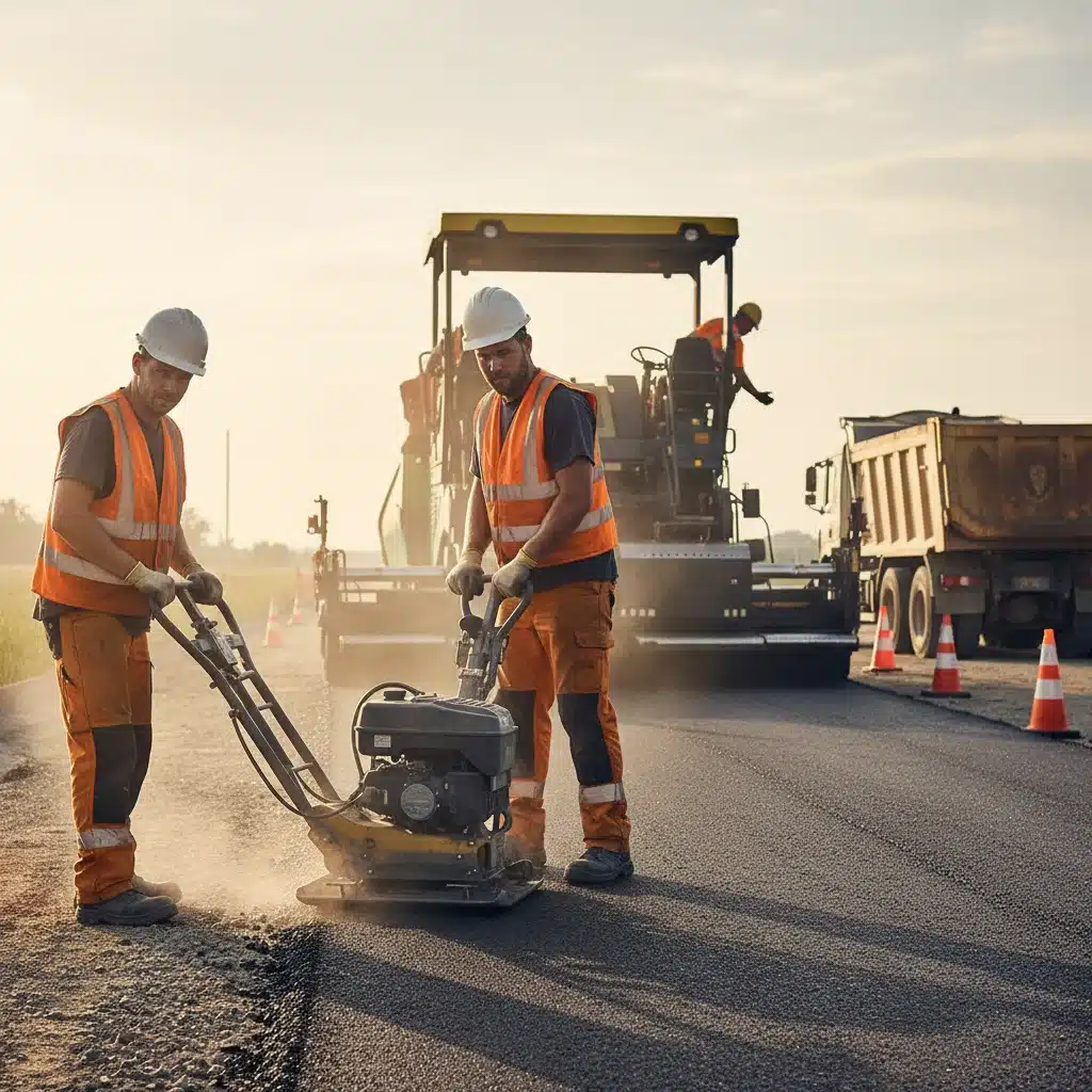Construction workers paving a new road, symbolizing job creation and tangible progress from infrastructure investment.