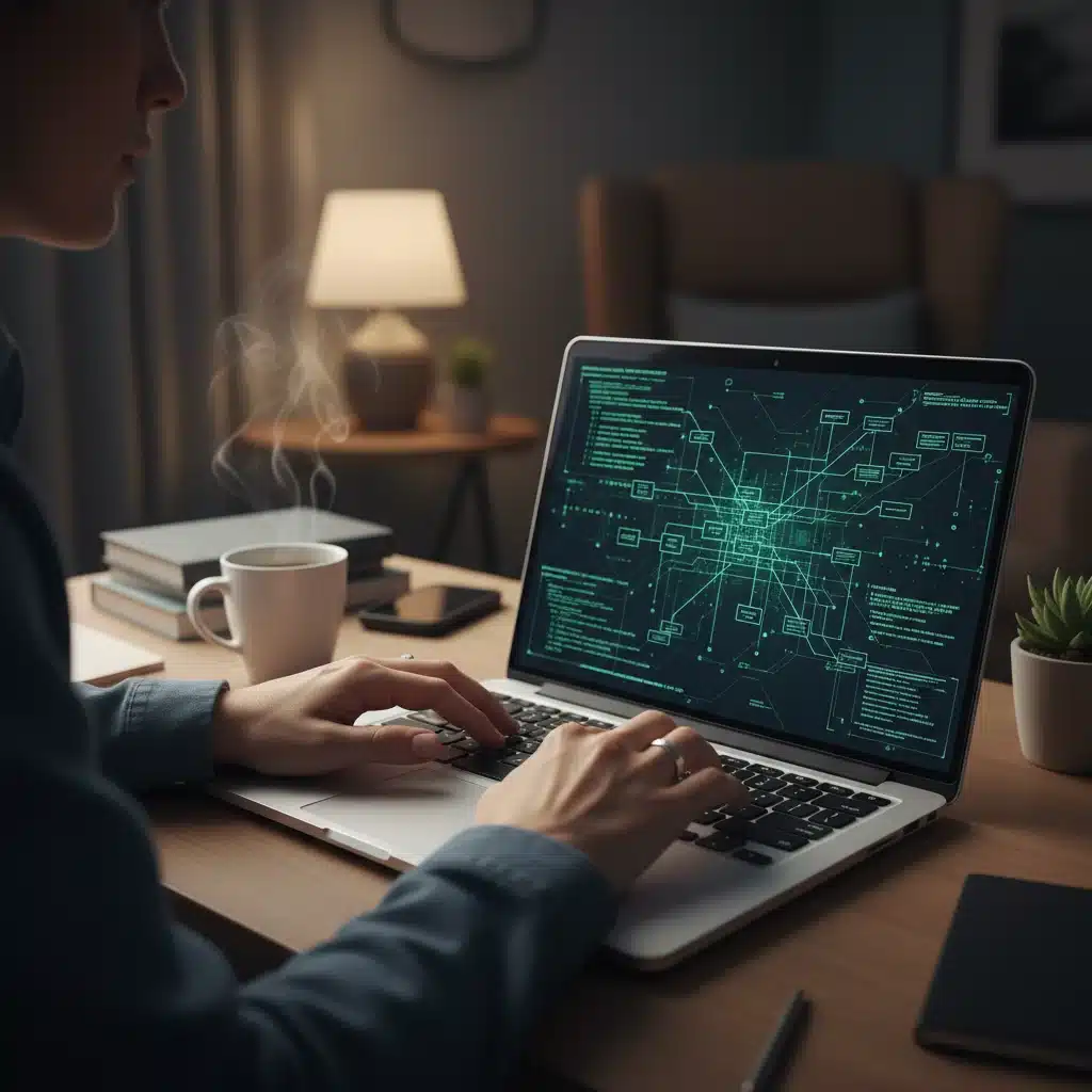 Hands typing on a laptop displaying cybersecurity code