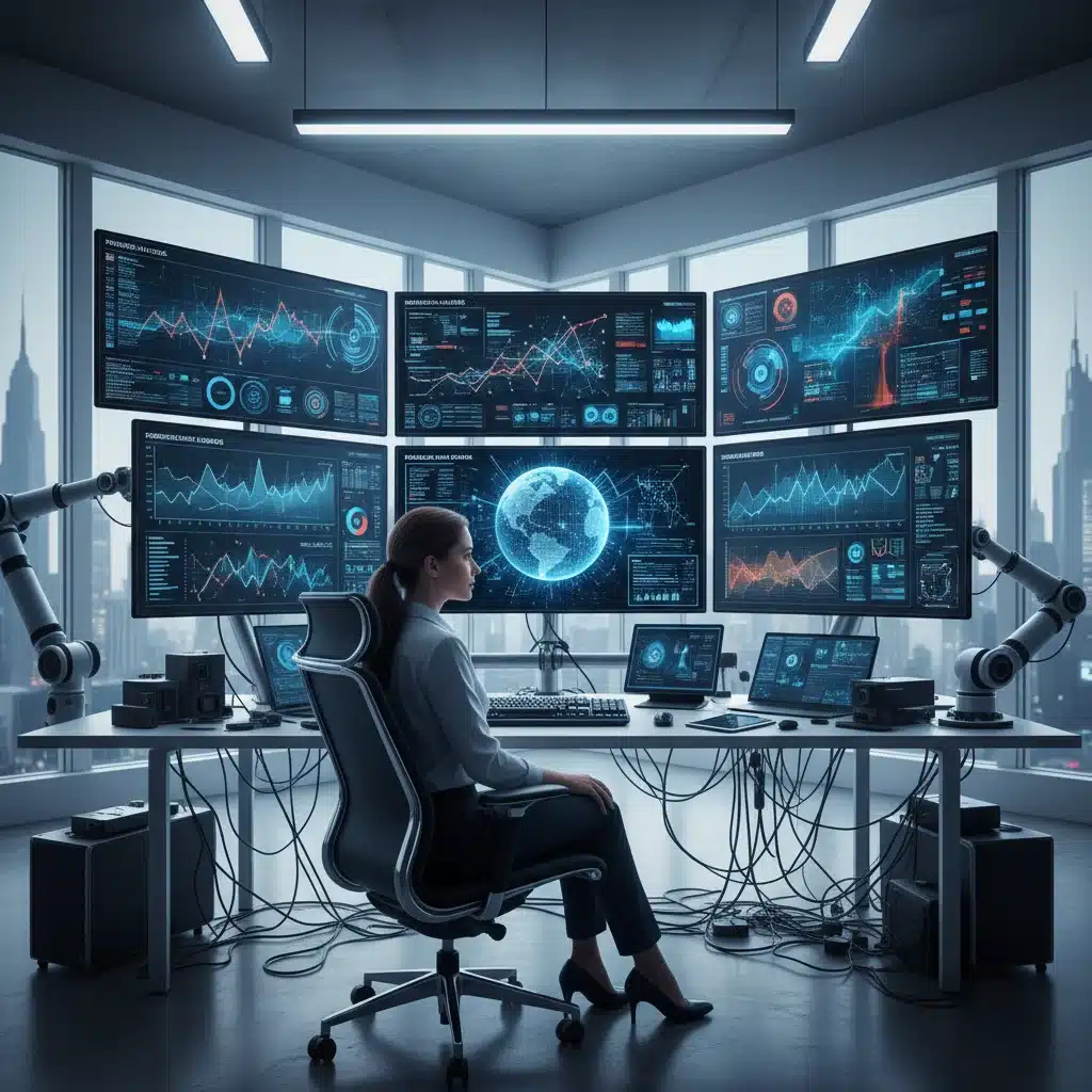 Data scientist analyzing complex data visualizations on multiple screens