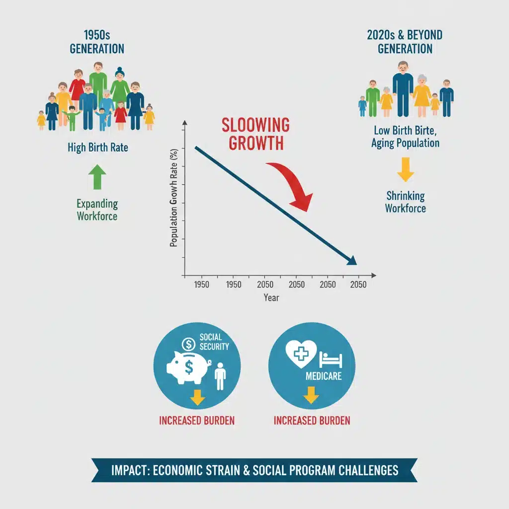 Infographic illustrating declining US population growth rates and impact on social security