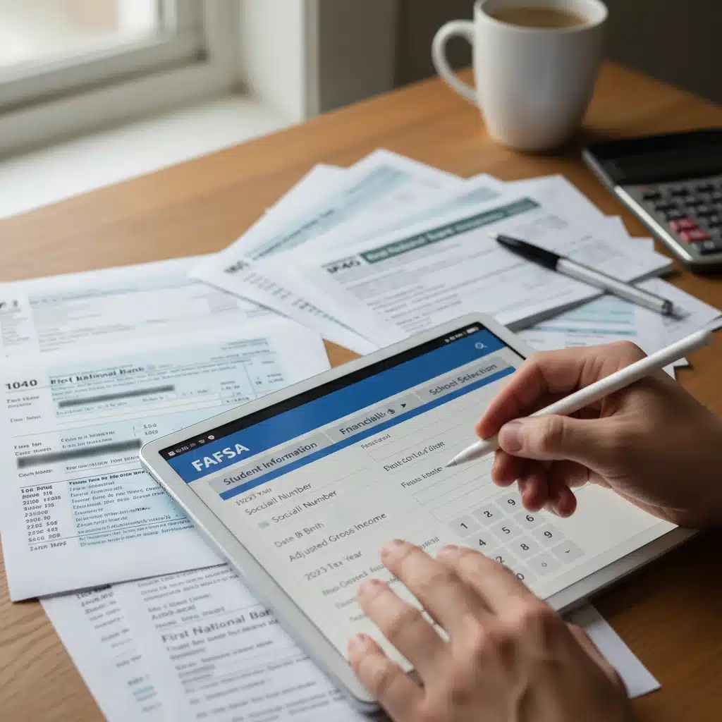 Person completing digital FAFSA form with financial documents.