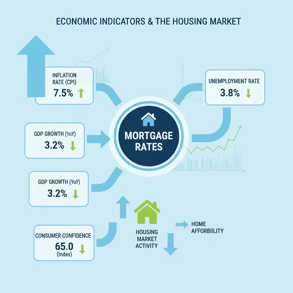 Infographic showing economic indicators influencing mortgage rates and housing market.