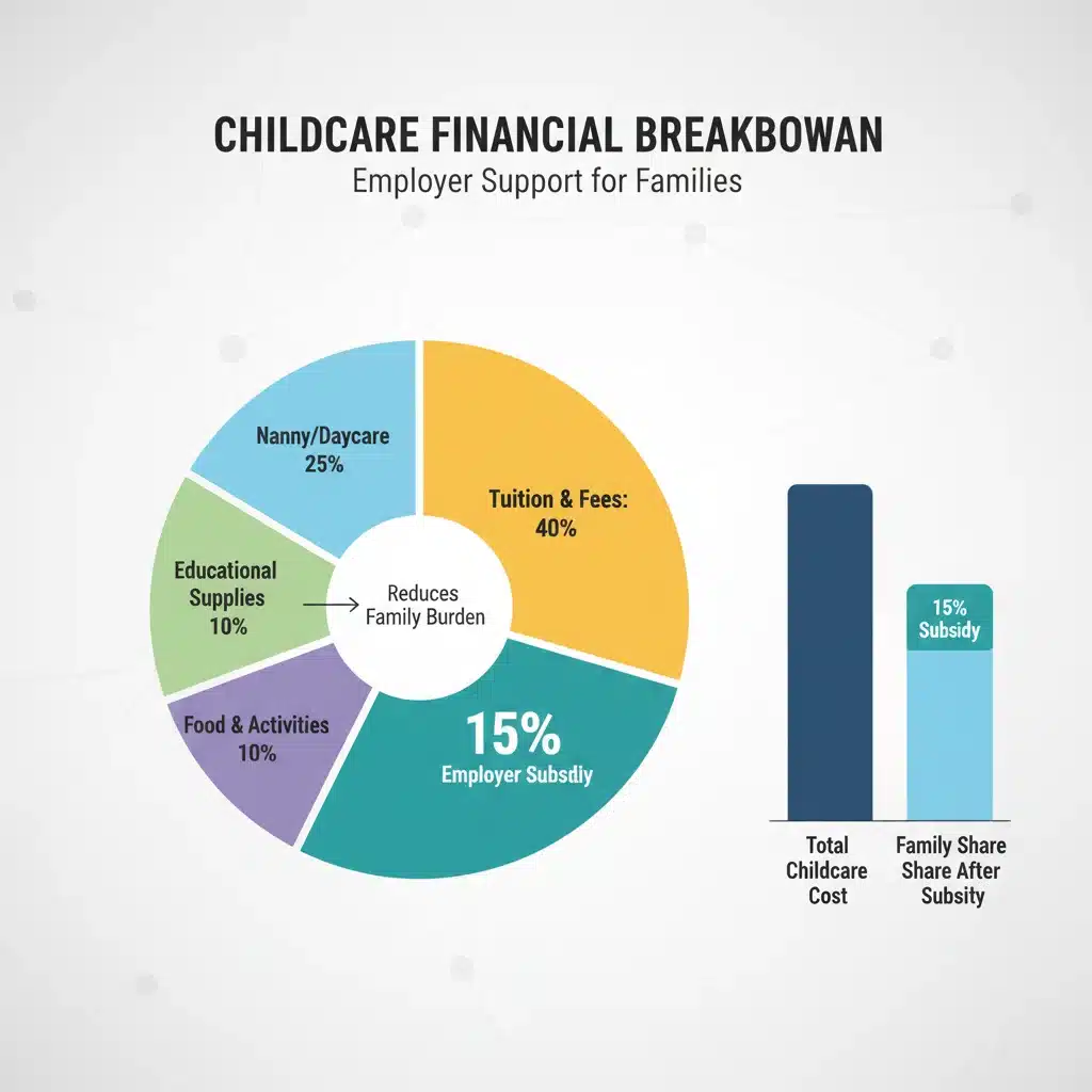 Infographic illustrating a 15% employer childcare subsidy reducing family expenses.