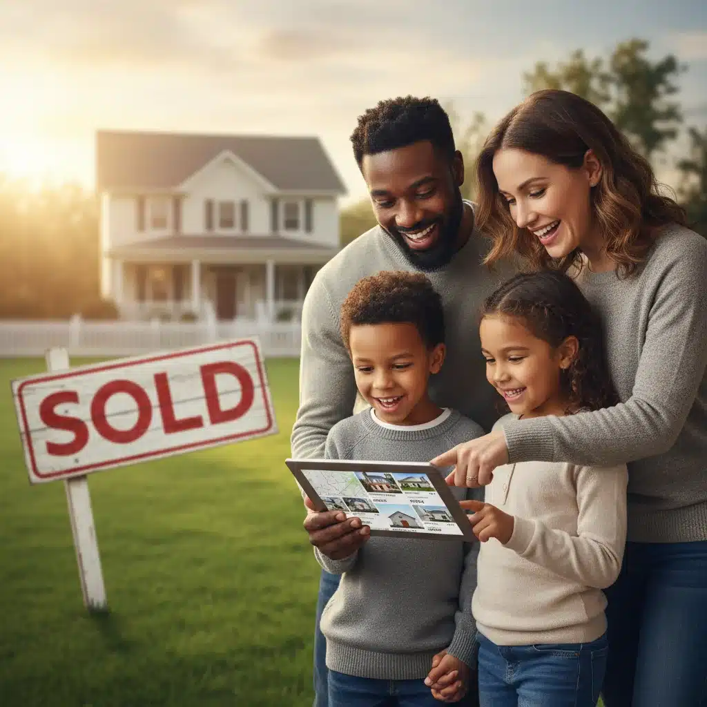 Diverse family happily viewing home listings on a tablet, symbolizing successful homebuying.