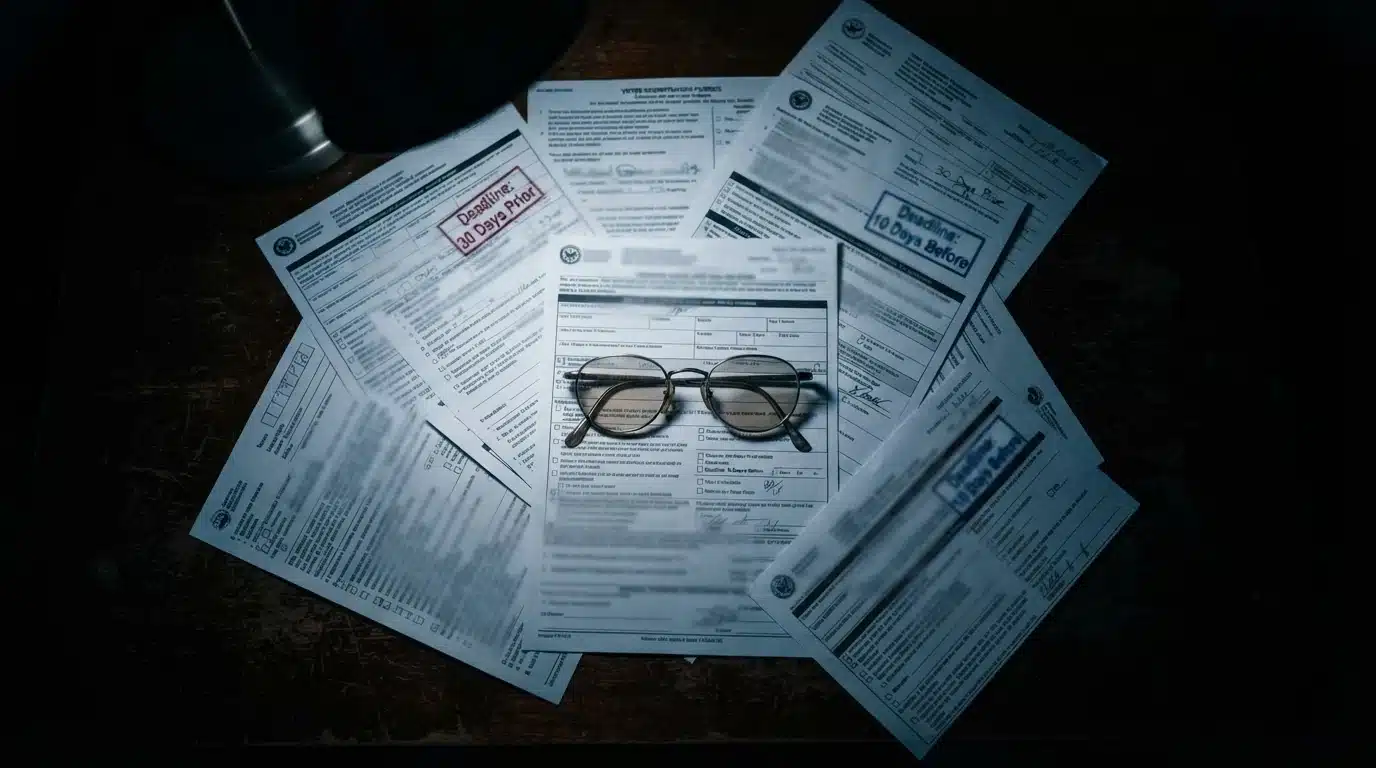 Overhead view of a mahogany desk with scattered state voter registration forms showing varying deadlines, highlighting the complexity of state-specific election laws.