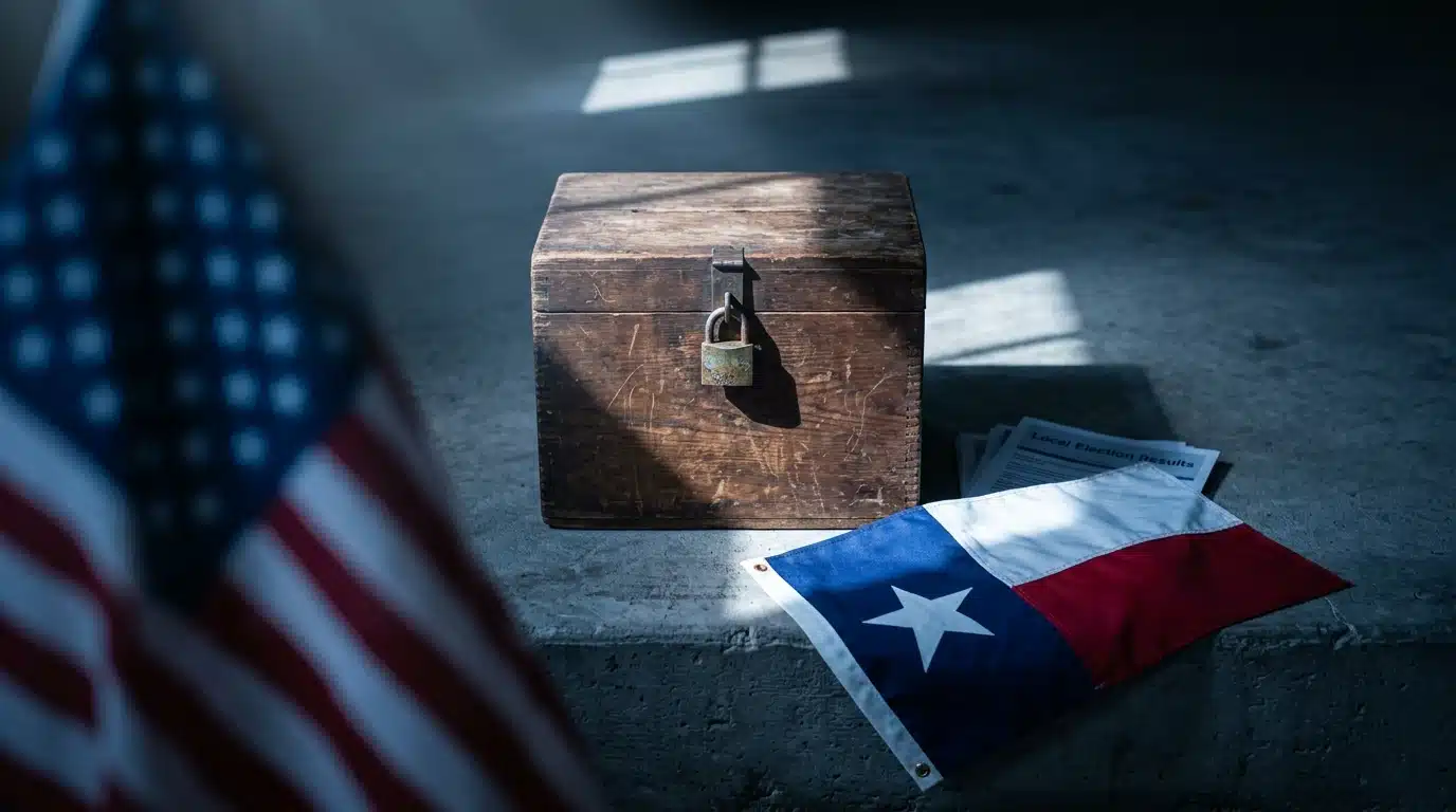 A close-up of a rustic ballot box with a state flag draped over local election pamphlets, illustrating the direct impact of midterm elections on local governance.