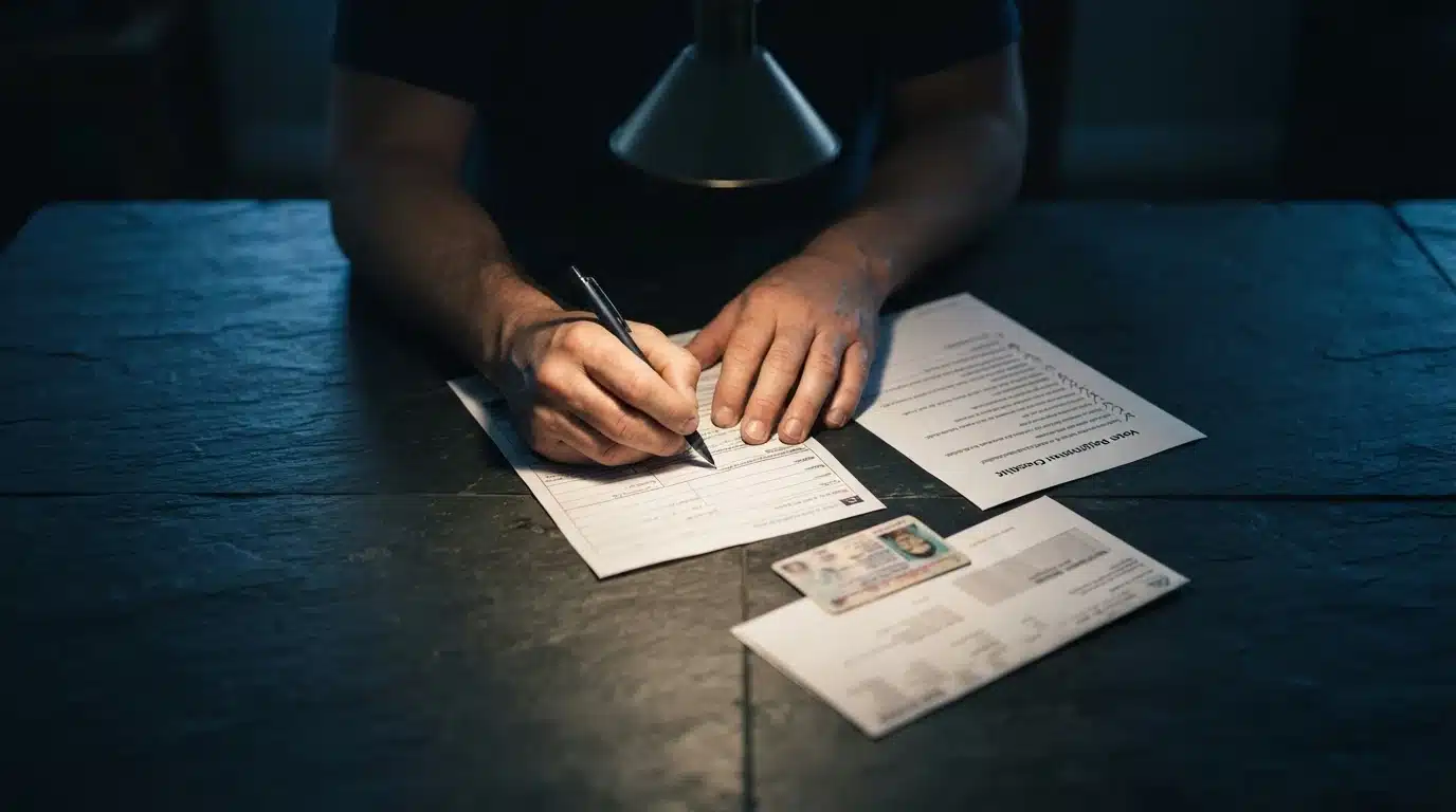 A person's hands filling out a voter registration form, with a checklist and required identification documents laid out on a slate table, demonstrating the step-by-step process.