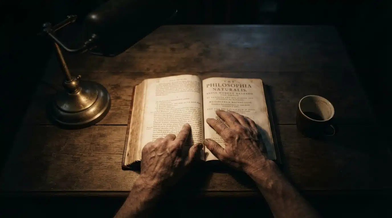 Close-up of worn hands tracing text in an antique textbook, bathed in warm, focused light from a brass desk lamp, contrasting with deep shadows on a wooden desk, symbolizing education budget impacts.
