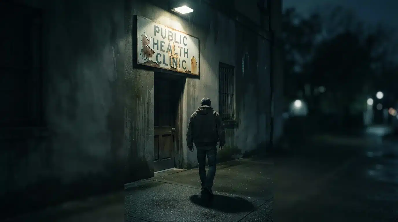 A lone figure walks away from a dimly lit, weathered 'Public Health Clinic' sign with chipped lettering, under dramatic chiaroscuro lighting, symbolizing changes in healthcare funding.