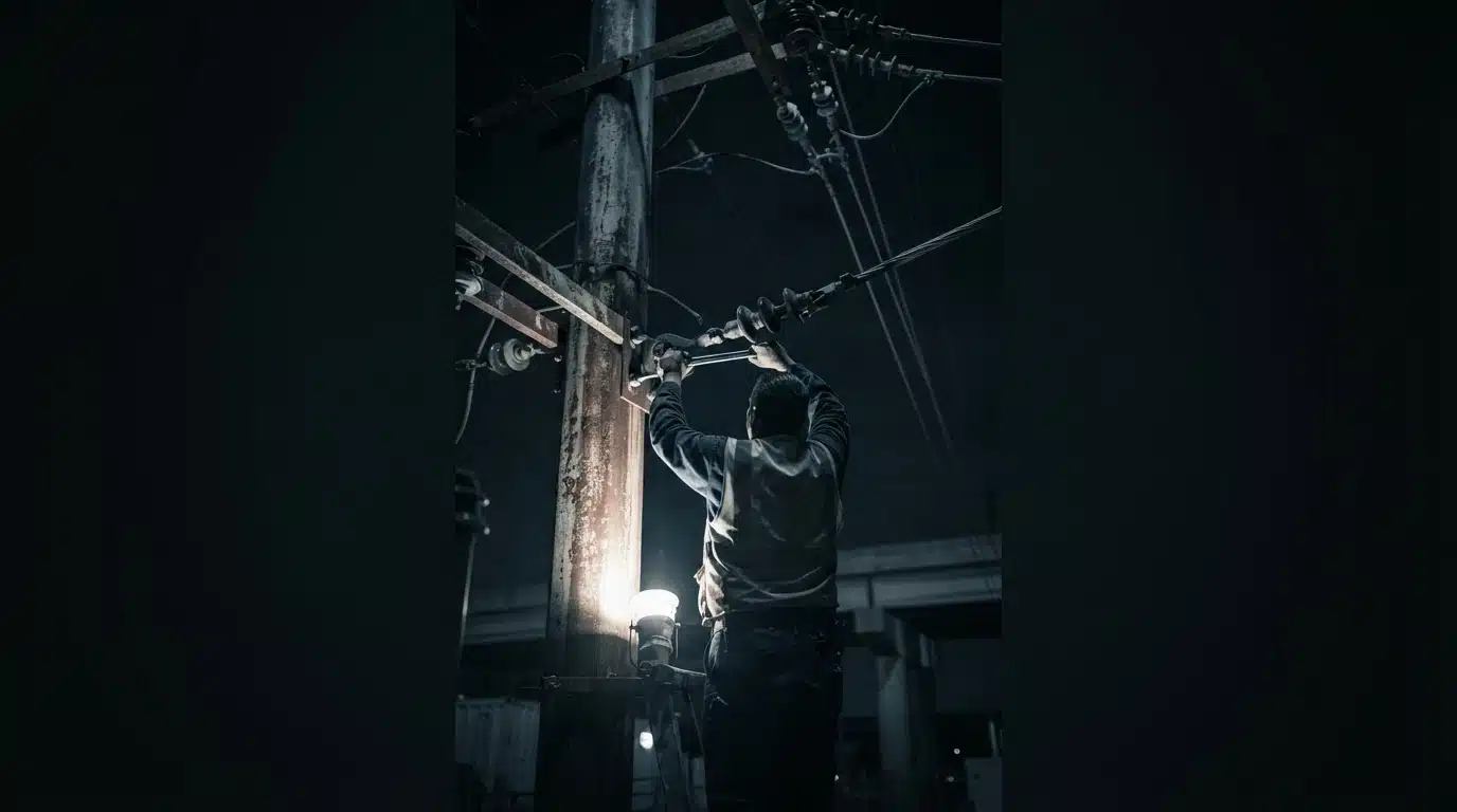 Low-angle shot of a worker tightening a bolt on a rust-patinated power line connected to a steel utility pole, under harsh, directional light, symbolizing federal infrastructure spending shifts.