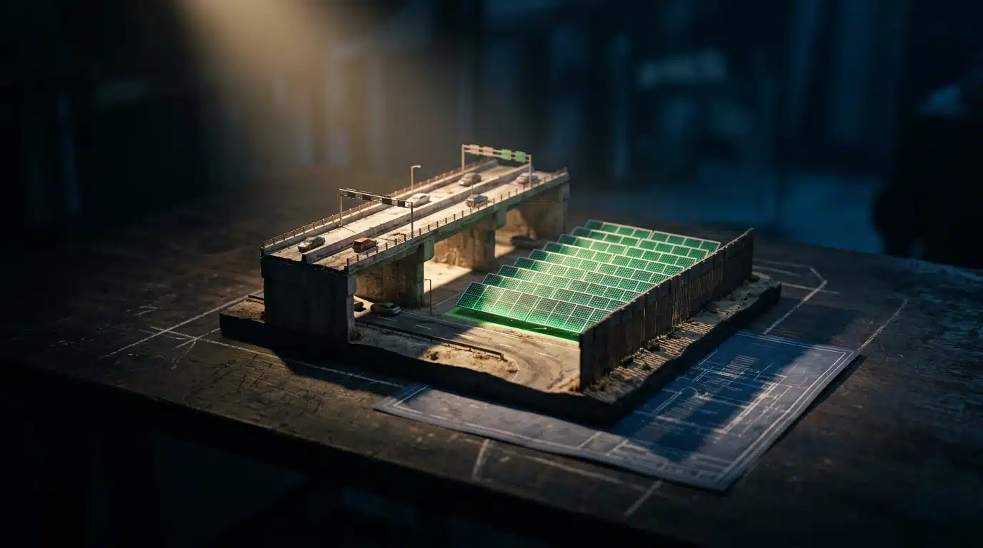 Overhead view of a miniature urban infrastructure model, showcasing a weathered concrete highway, a glowing green solar panel array, and a rugged border wall under dramatic, contrasting light, symbolizing shifting federal budget priorities.