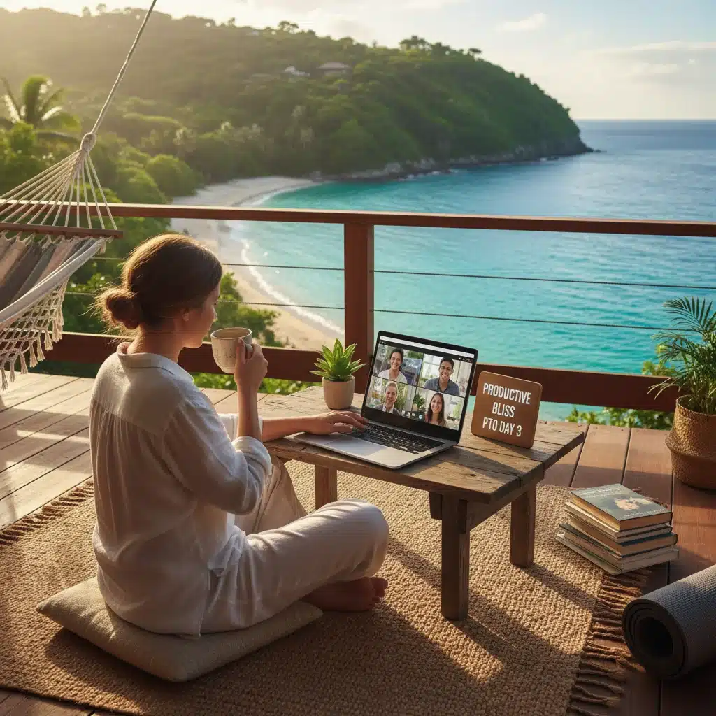 Person working remotely from a serene location, embodying work-life balance and effective PTO.