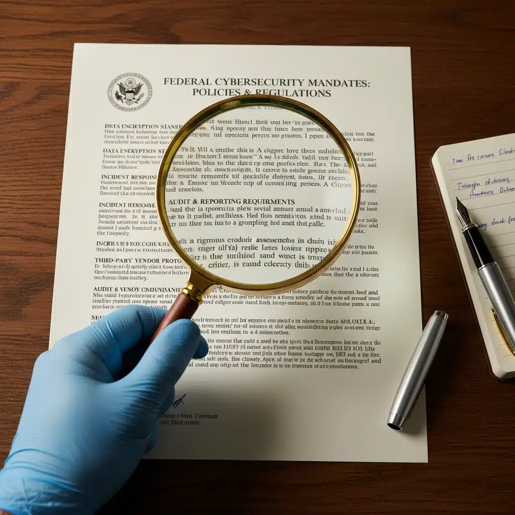 Close-up of hand reviewing cybersecurity policy document with magnifying glass.