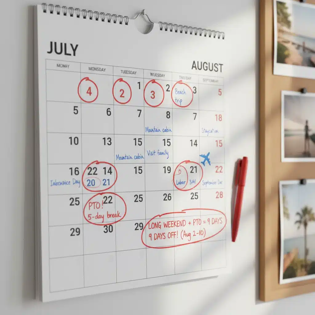 Calendar with circled dates, showing strategic use of PTO around public holidays.