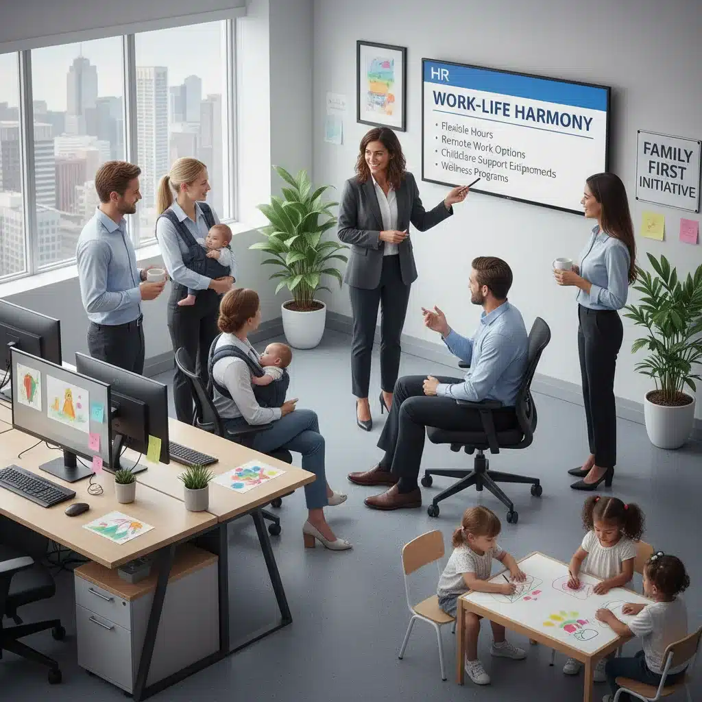 Employees discussing work-life balance and childcare benefits with an HR representative.